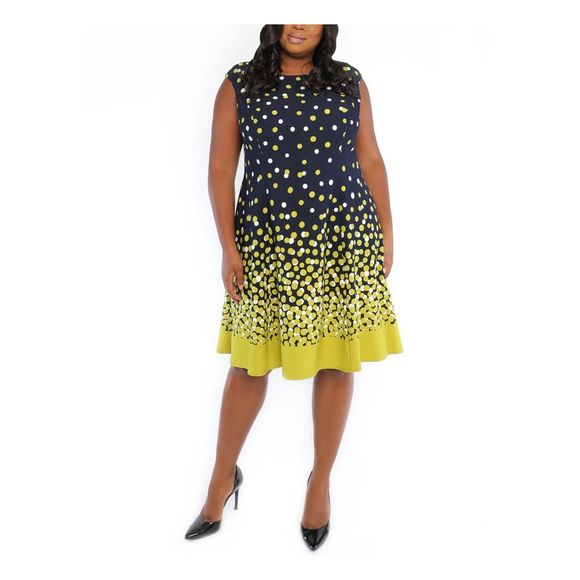 LONDON TIMES Womens Navy Cap Sleeve Below The Knee Fit + Flare Dress Plus  16W